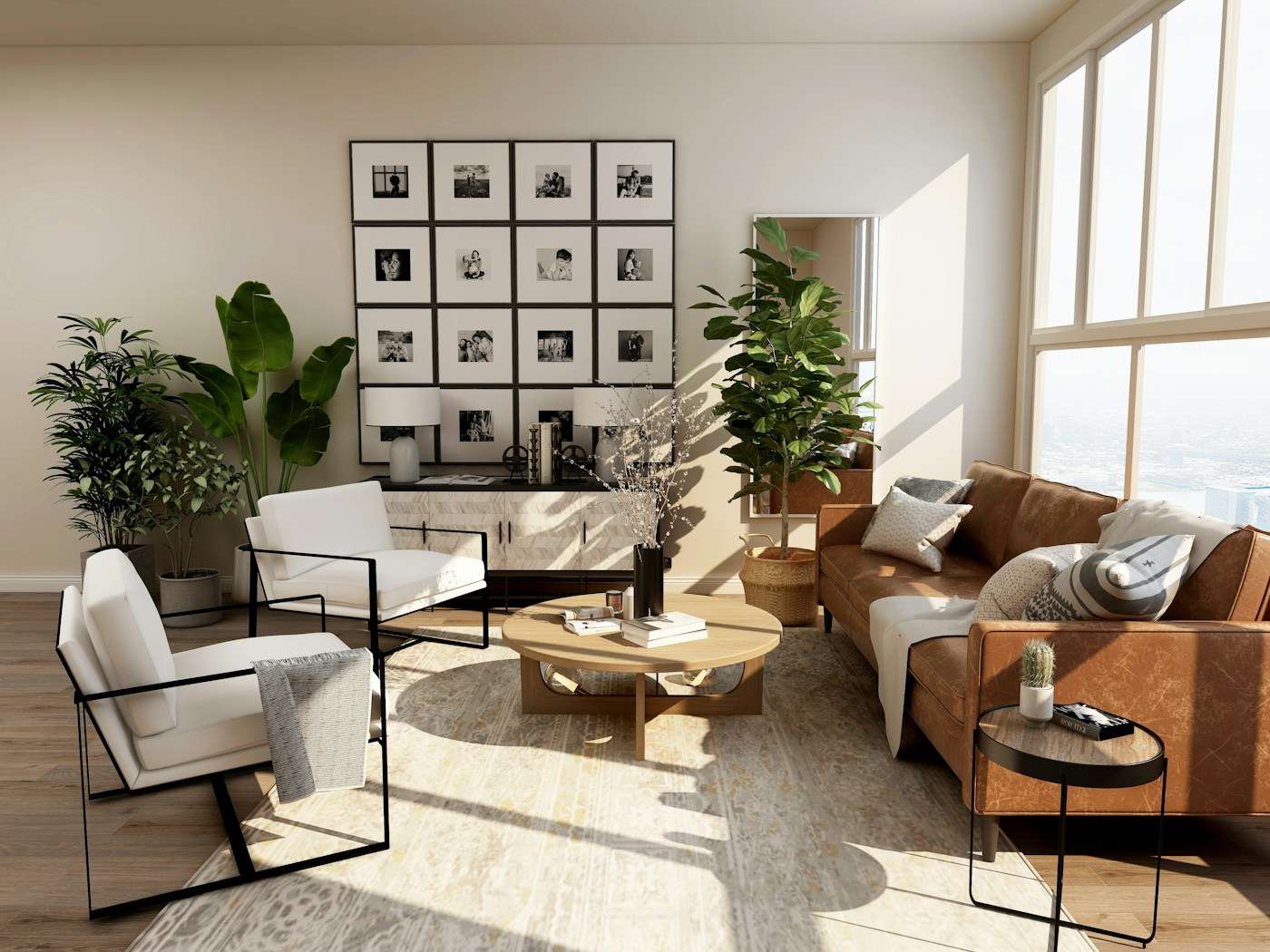 Illustrative contemporary living room with comfortable seating and natural light
